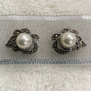 Vintage Sterling Silver 925 Marcasite Pearl Earring Jackets Floral